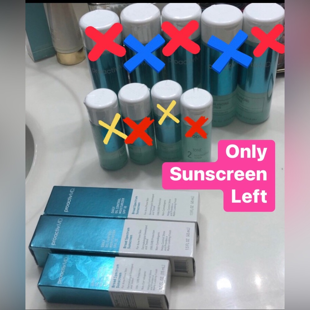 Proactive toners and sunscreen. Different full size or travel size